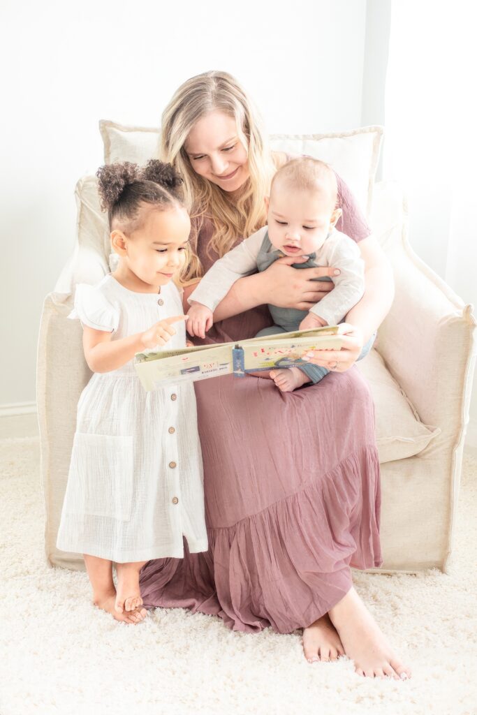 Momma and her babies at their 6 month milestone session at Studio Neue taken by Plymouth Michigan Newborn Photographer, Brooke Leigh Photography